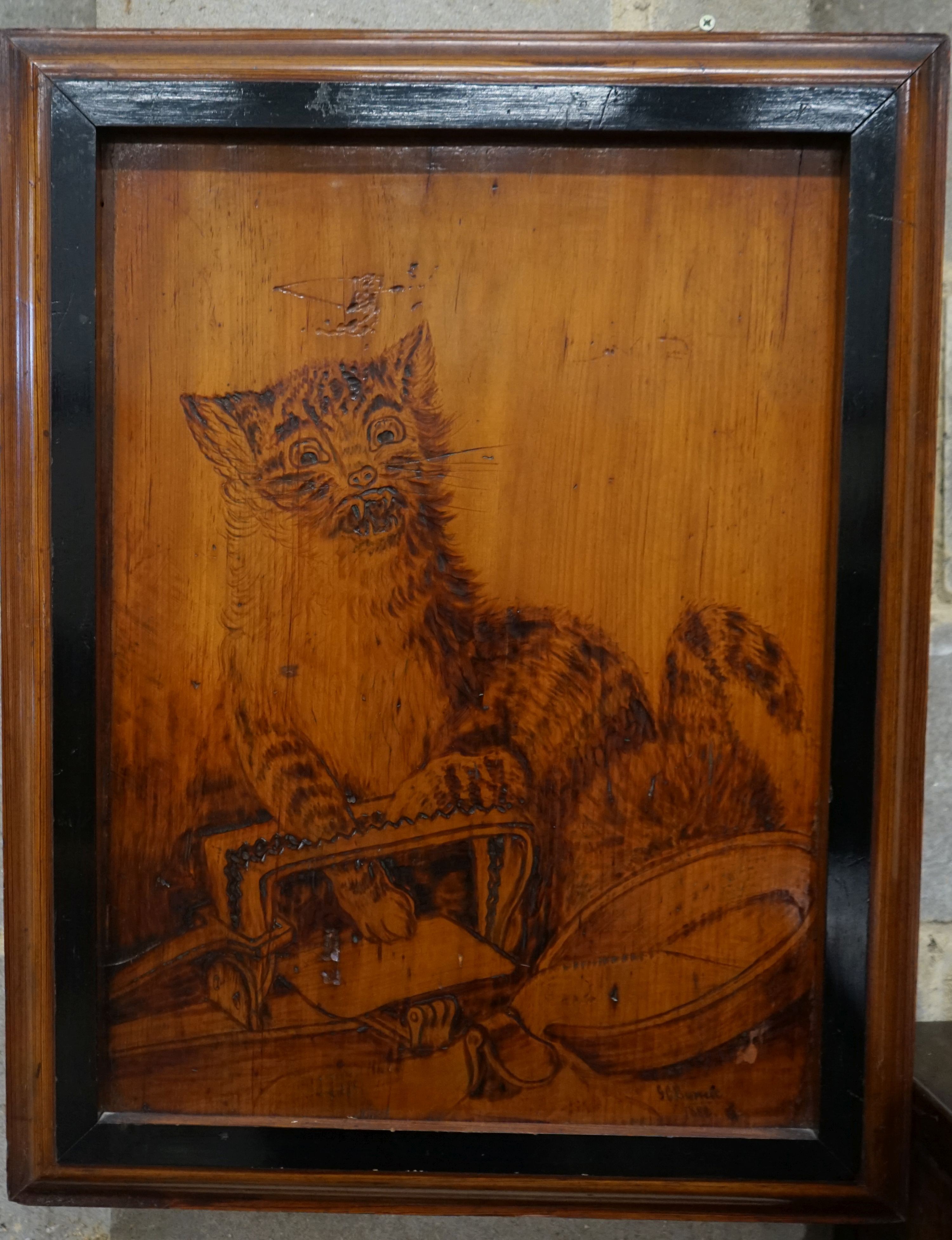 Three Arts & Crafts pokerwork beech panels by G. C. Barrett 1882, 'The cat that didn't get the cream', largest 58 x 43cm in polished wood and ebonised frames